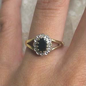 Oval Sapphire Diamond Floral Halo Two Tone White Yellow Gold Vintage Ring
